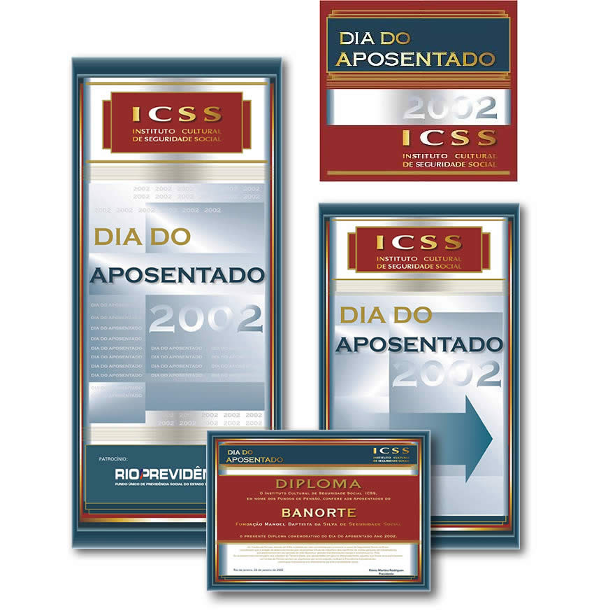 Dia do Aposentado 2002 - Logo, banner, sinalizador, diploma