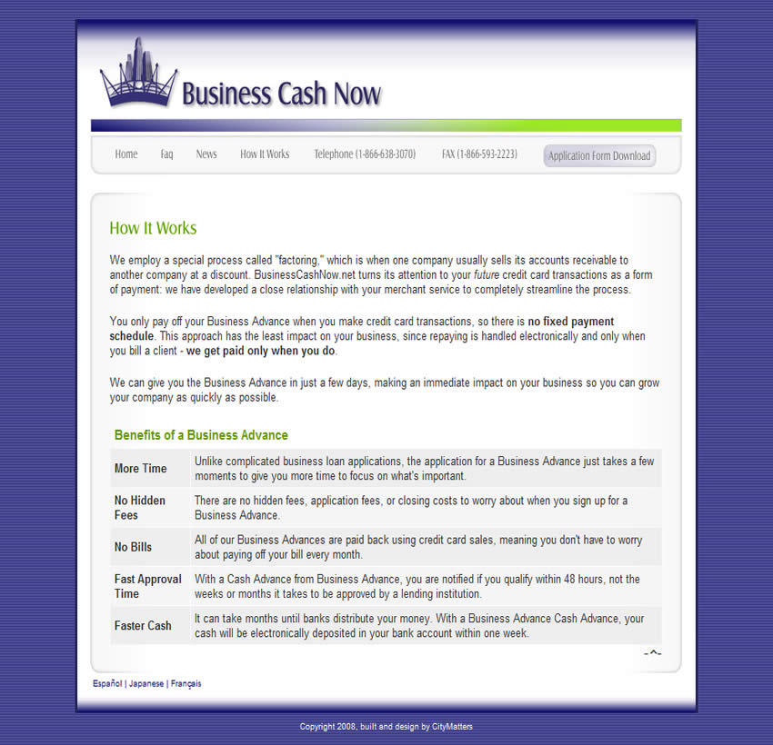 Página interna do site Business Cash Now