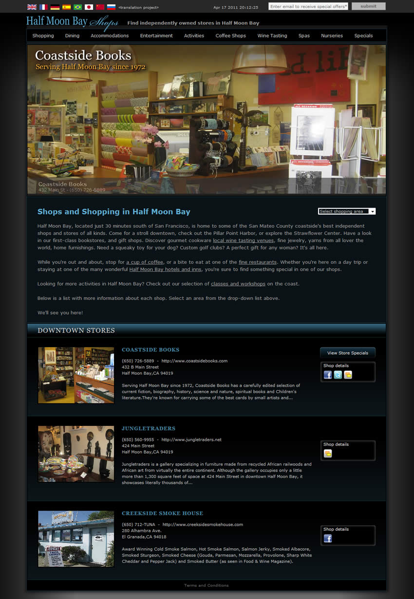 Página inicial do site Half Moon Bay Shops