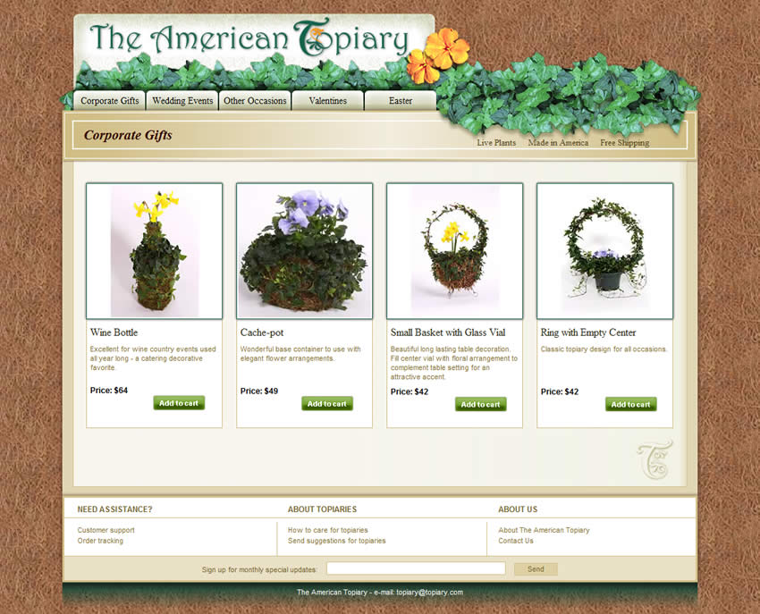 Página interna do site The American Topiary